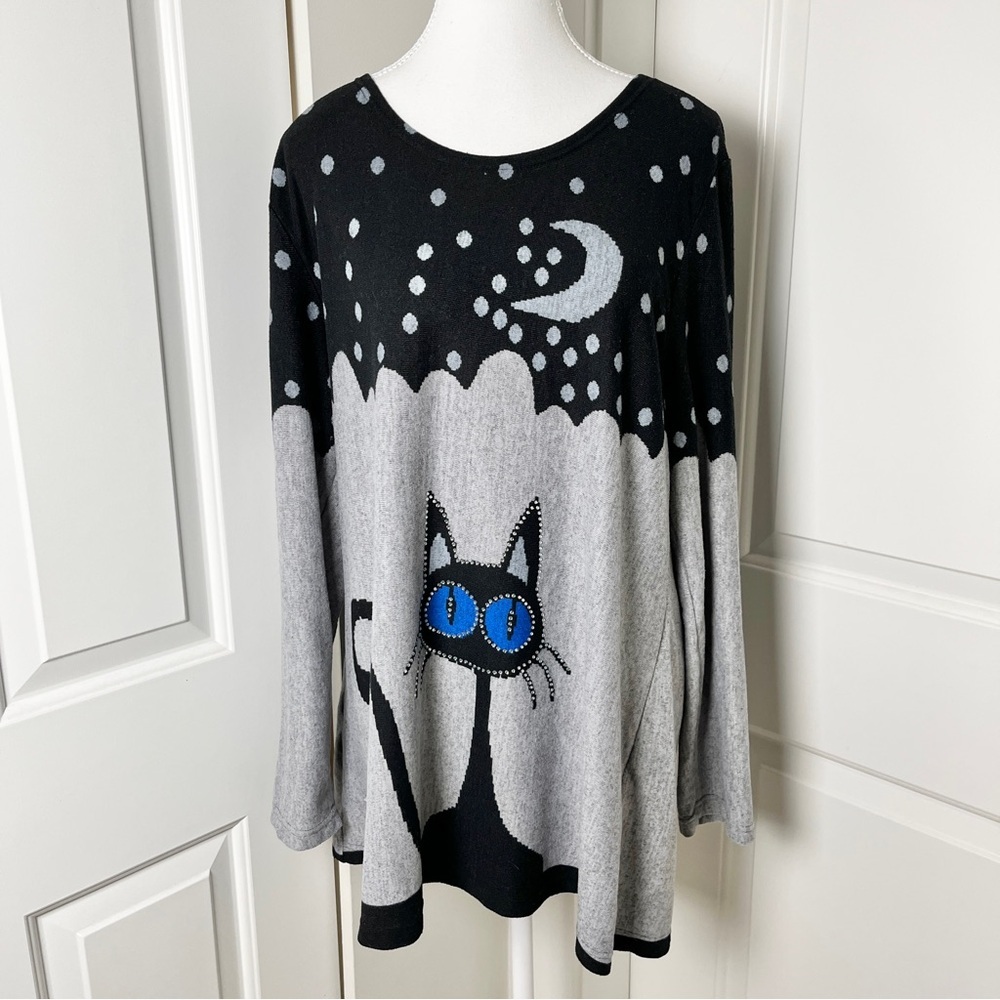 Embellished Black Cat Graphic Gray Comfy Relaxed Sweater - Size Large